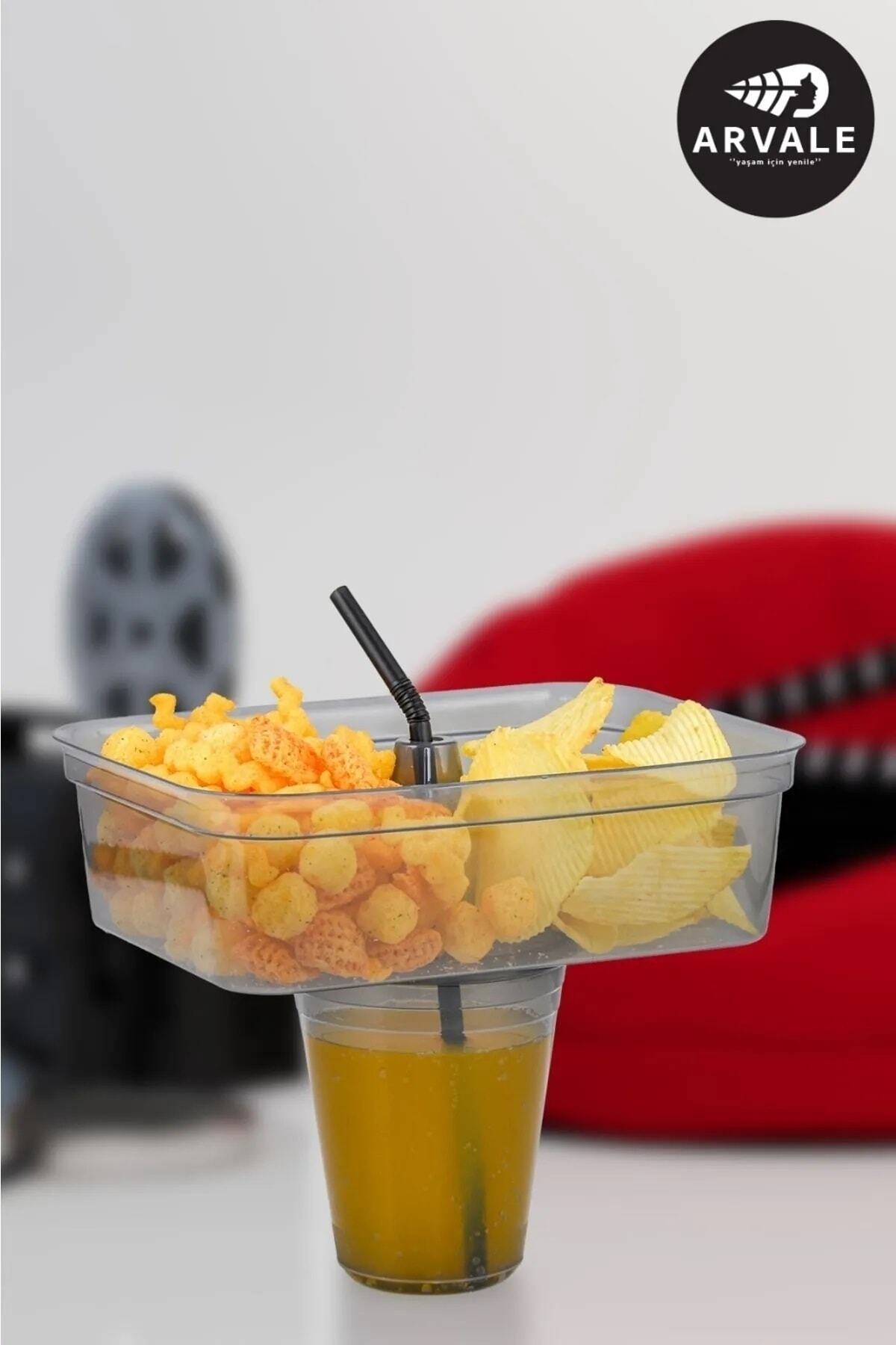 3 Adet Pratik Mısır Cips Kovası Pipetli Bardak Seti - Platin Bardaklı Cips Mısır Kovası