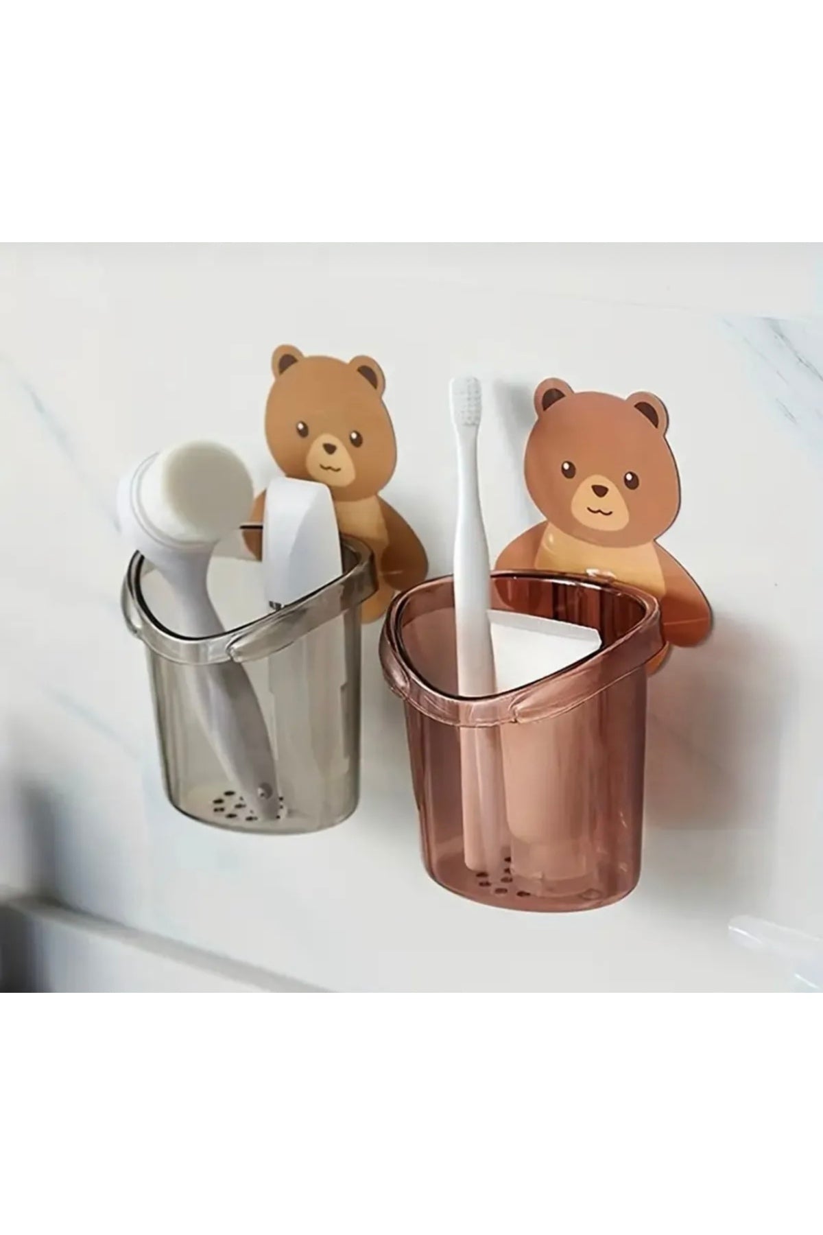 3’lü Ayı Figürlü Diş Fırçalık Seti | Yapışkanlı Duvara Yapışan Banyo Organizer