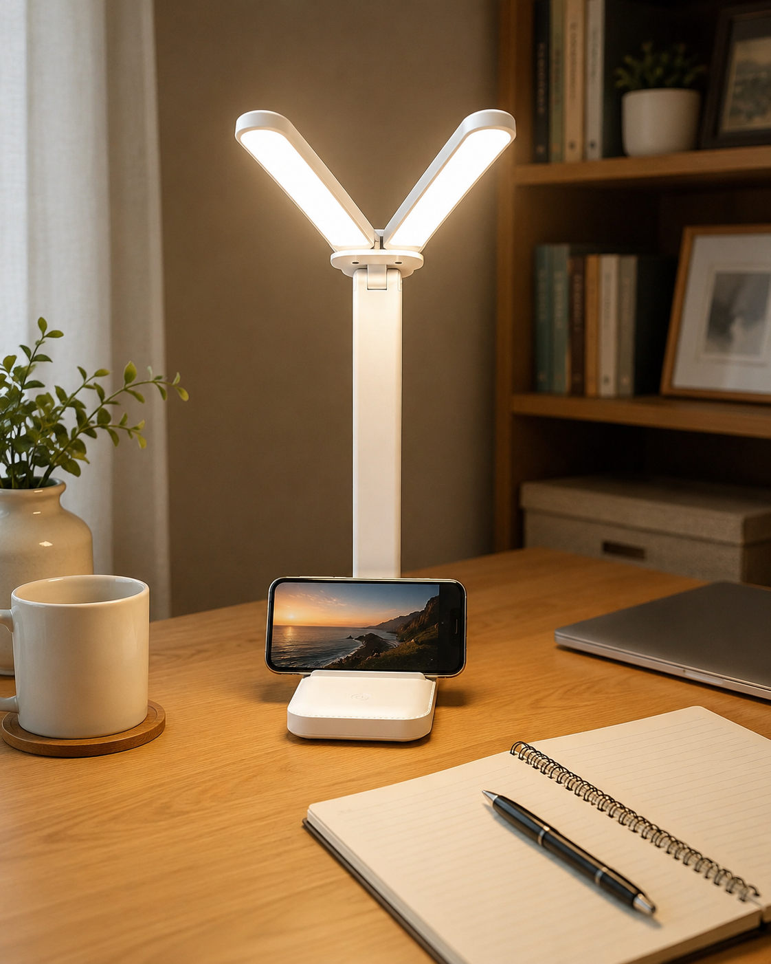 Katlanabilir Çift Başlıklı LED Masa Lambası – 3 Işık Modlu, Dokunmatik, Telefon Standlı, Ayarlanabilir Çalışma ve Okuma Lambası, Beyaz
