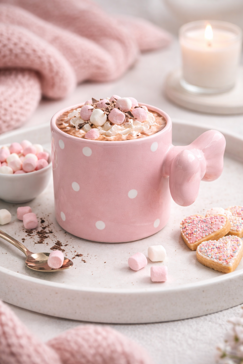 Fiyonklu Pembe Puantiyeli Seramik Kahve Kupası – 3D Kulplu Tasarım Mug Bardak