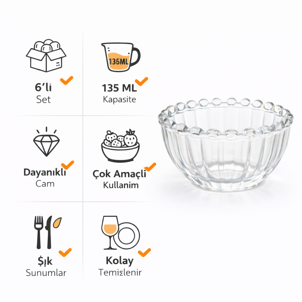 VELORIA 6’lı Cam Mini Kase Seti 135 ML – Tatlı, Sos ve Kuruyemiş Sunum Kasesi