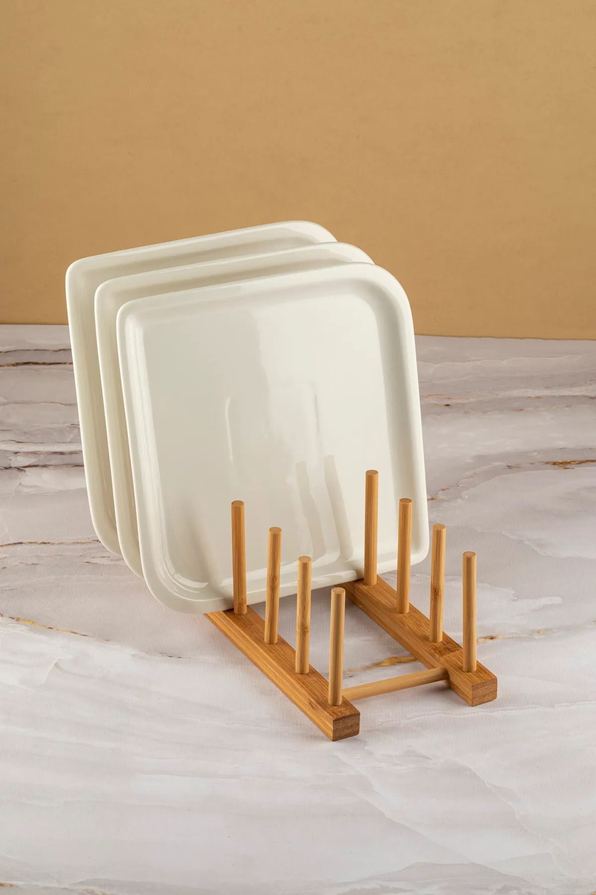 6 Bölmeli Bambu Tabaklık , Tabak Standı Organizer Düzenleyeci