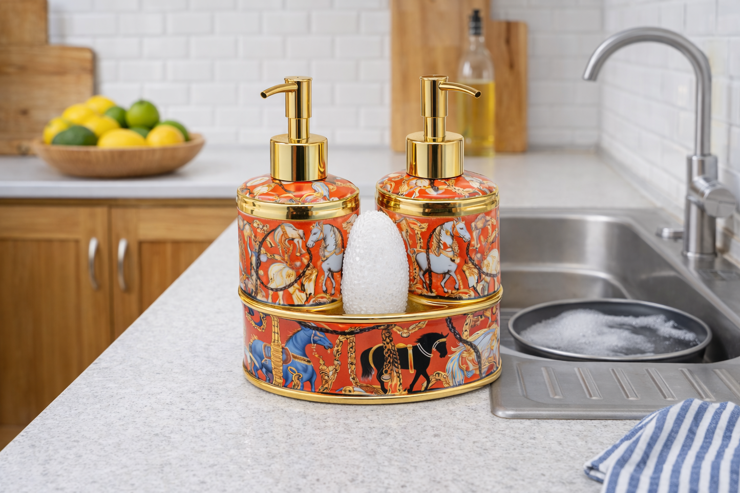 Antik Saray Desenli Çift Pompa Sıvı Sabunluk Seti Gold Detaylı Mutfak & Banyo Organizer