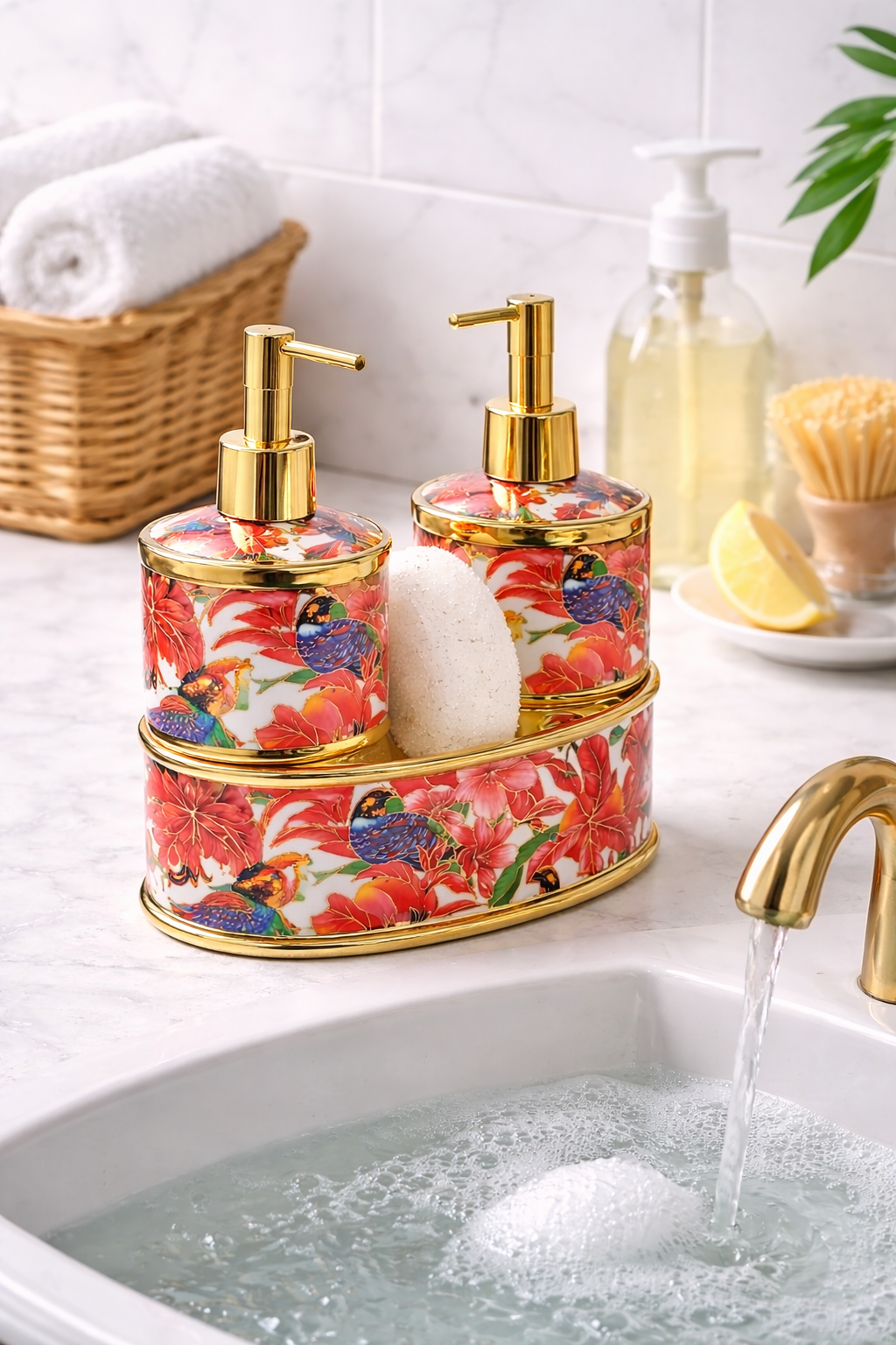 Flowerex Desenli Çift Pompa Sıvı Sabunluk Seti Gold Detaylı Mutfak & Banyo Organizer
