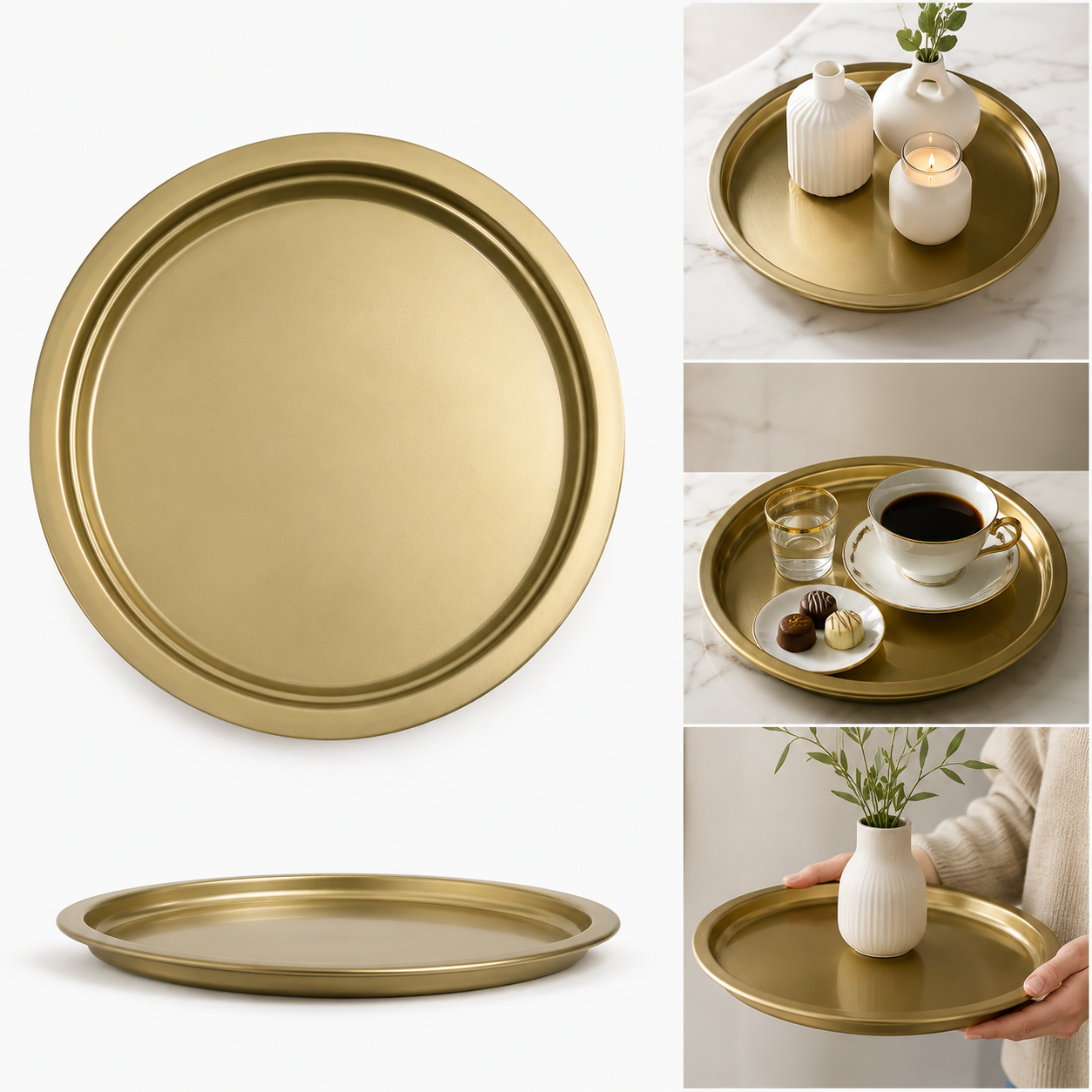Gold Yuvarlak Metal Servis Tepsisi 6’lı Set