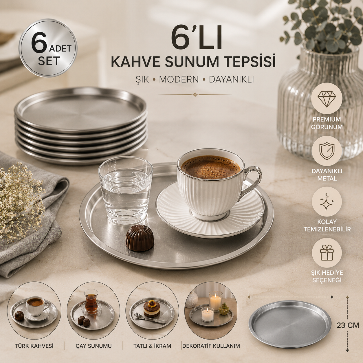 Gümüş Yuvarlak Metal Servis Tepsisi 6’lı Set