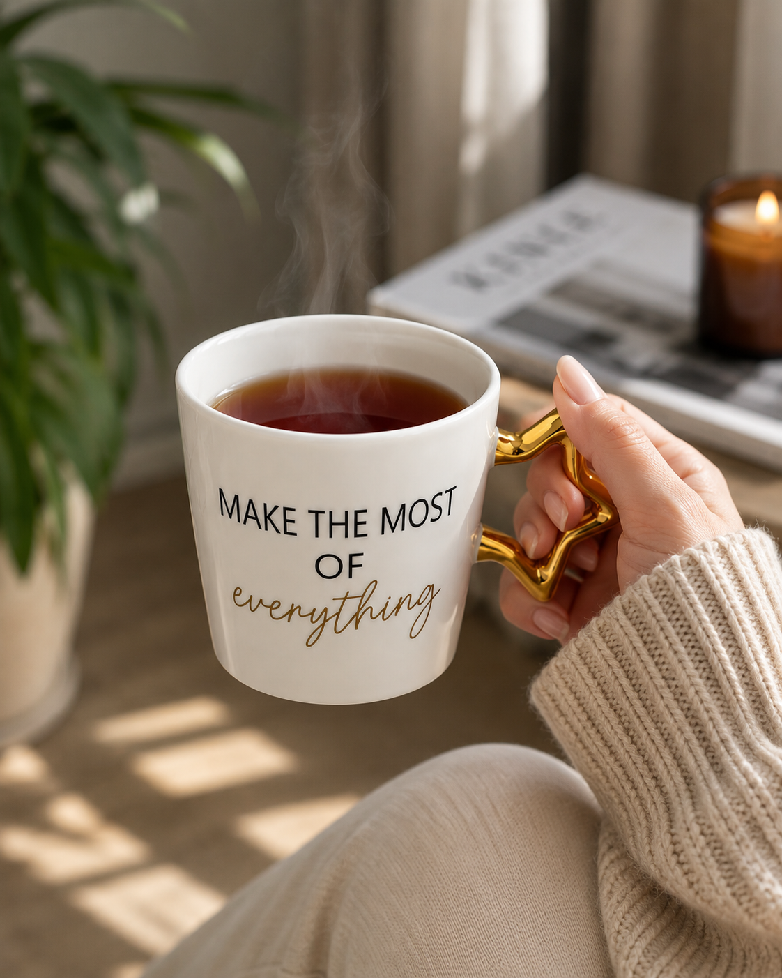 Yıldız Kulplu Porselen Kupa – “Make The Most Of Everything” Yazılı Şık Kahve & Çay Kupası