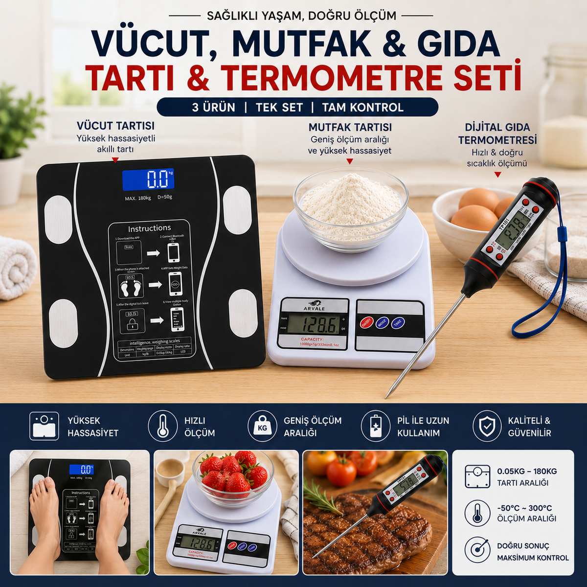 Bluetooth Akıllı Vücut Tartısı + Dijital Mutfak Tartısı + Gıda Termometresi 3'lü Set