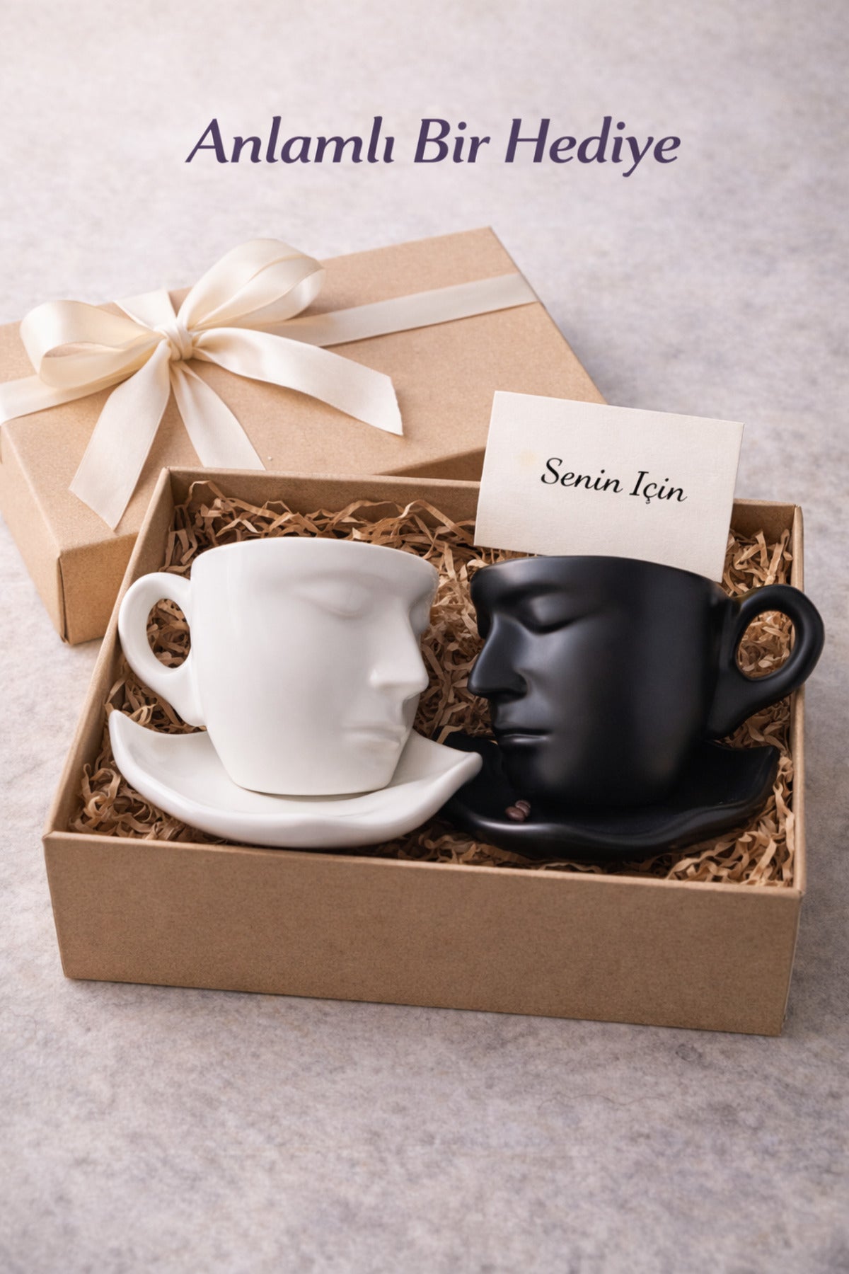2 Set (4 Parça) 260 ml İskandinav Yüz Şekilli Fincan Takımı Siyah-Beyaz - Minimal Tasarım