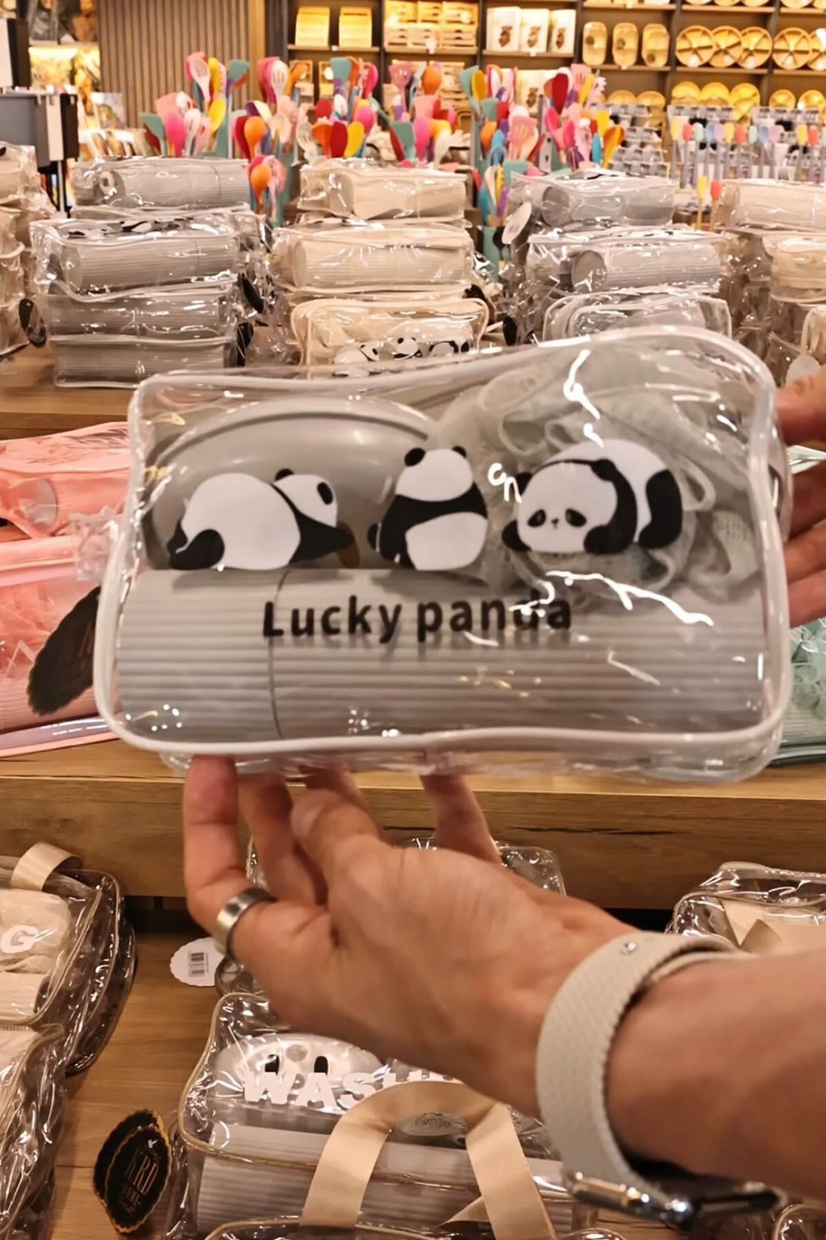 LUCKY PANDA Seyahat Seti | Şeffaf Organizer Çanta ile Duş Lifi, Sabunluk, Tarak