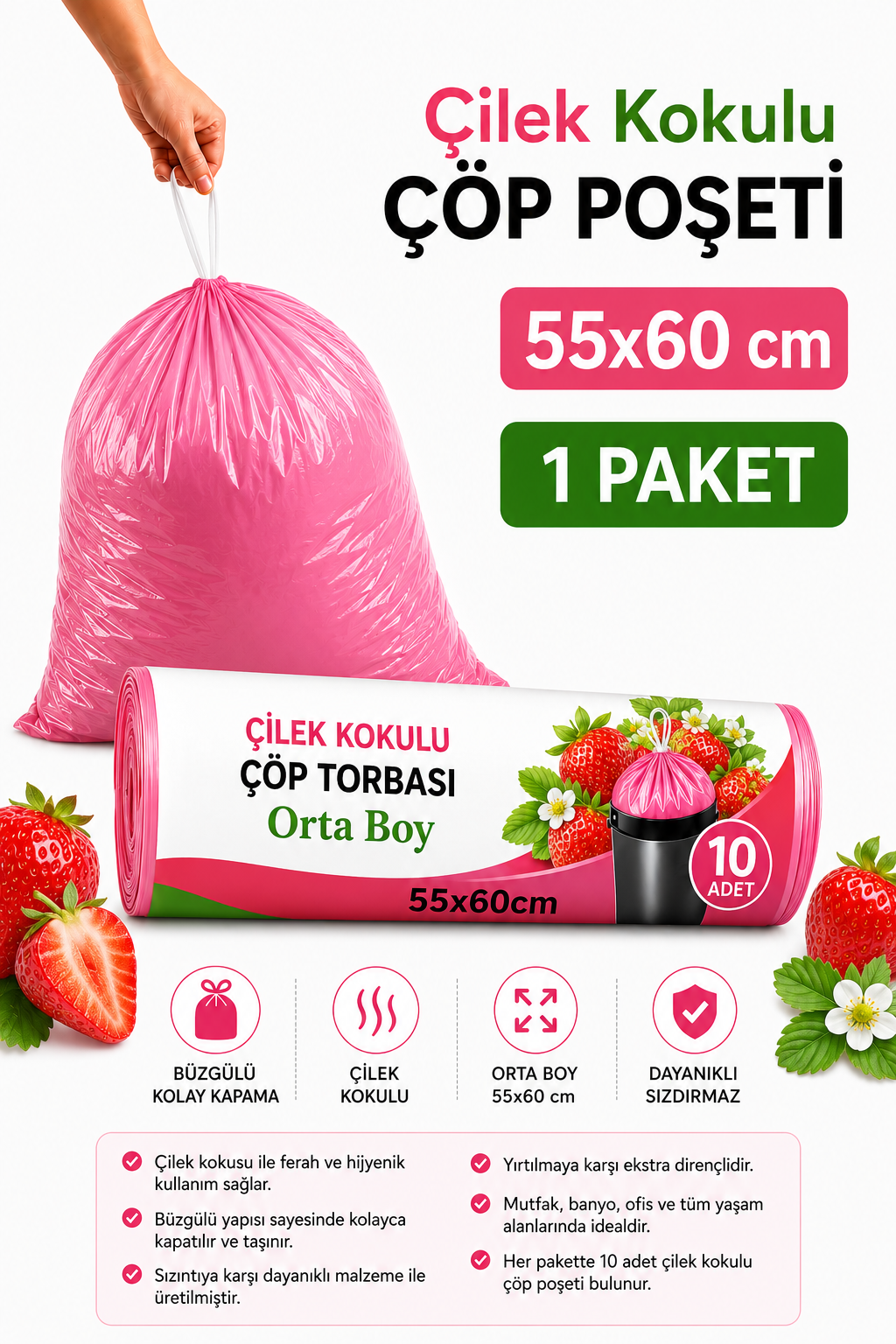 Orta Boy 55X60 Çilek Kokulu Büzgülü Çöp Poşeti 10 Adet( 1 PAKET ) Çöp Torbası 40 Litre