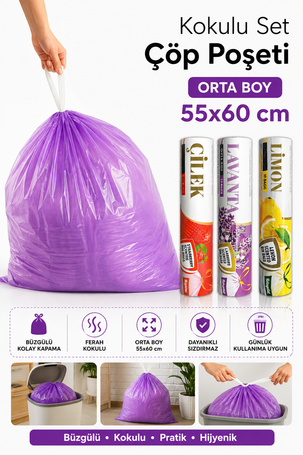 Orta Boy 55X60 Karışık Kokulu Büzgülü Çöp Poşeti 30 Adet( 3 PAKET ) Çöp Torbası 40 Litre Çilek-Lavanta-Limon