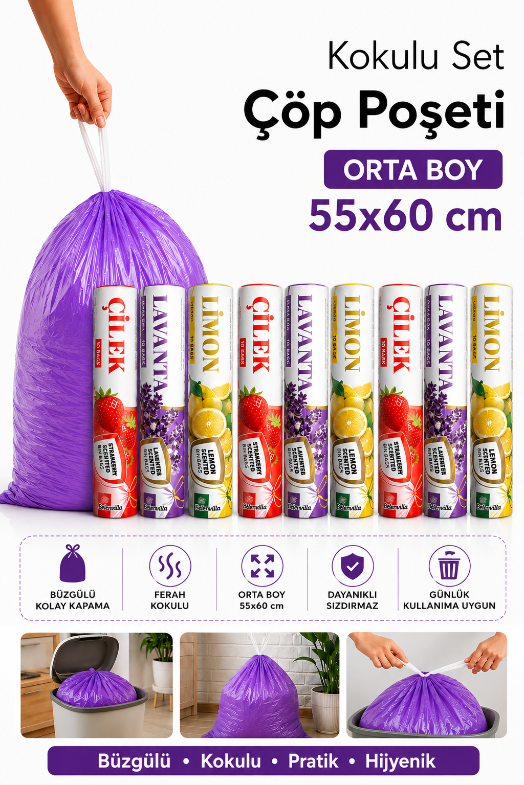 Orta Boy 55X60 Karışık Kokulu Büzgülü Çöp Poşeti 90 Adet(9 PAKET ) Çöp Torbası 40 Litre Çilek-Lavanta-Limon