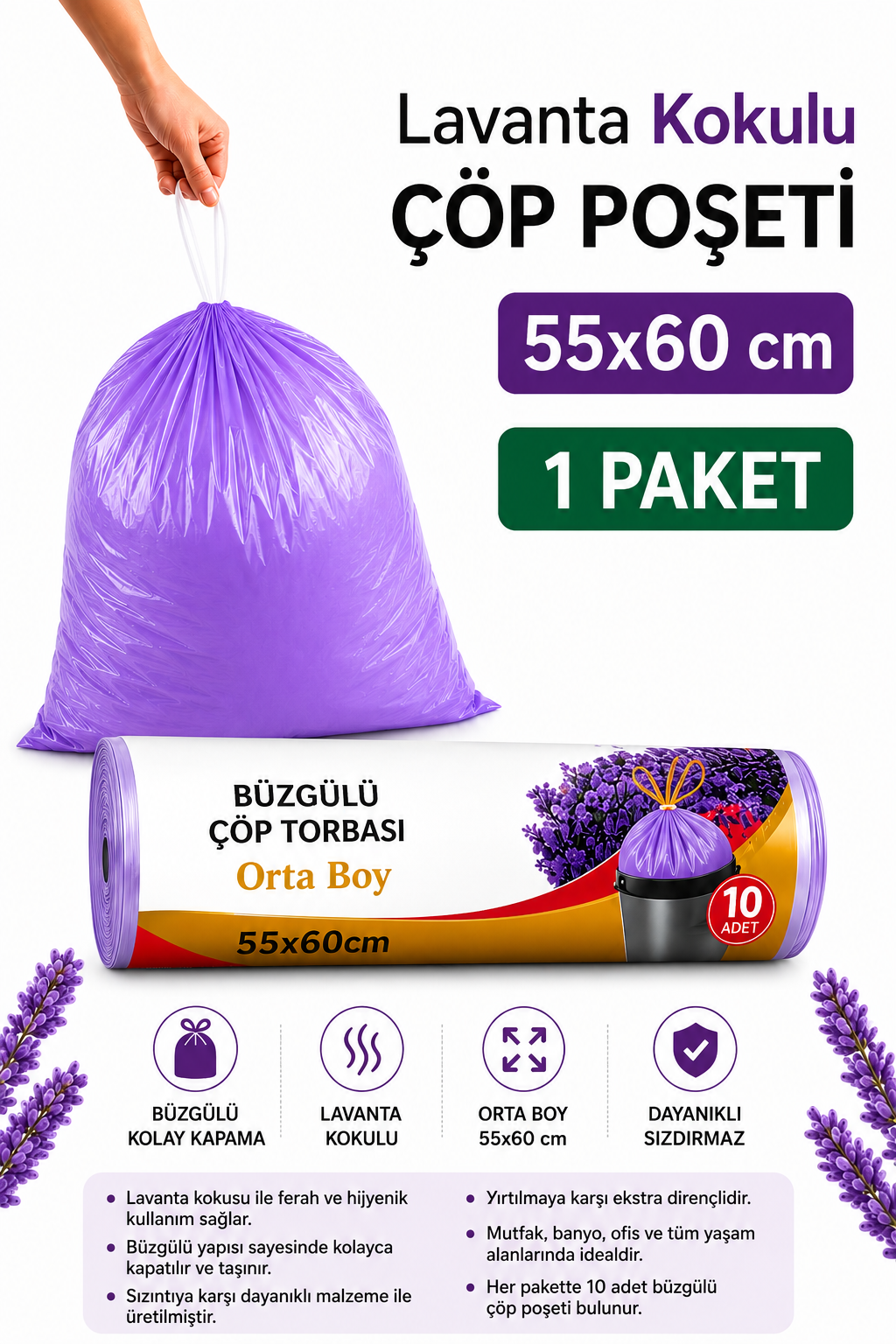 Orta Boy 55X60 Lavanta Kokulu Büzgülü Çöp Poşeti 10 Adet( 1 PAKET ) Çöp Torbası 40 Litre