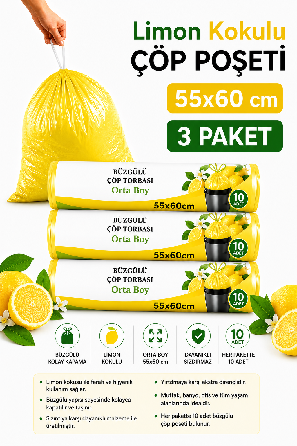 Orta Boy 55X60 Limon Kokulu Büzgülü Çöp Poşeti 30 Adet ( 3 PAKET ) Çöp Torbası 40 Litre