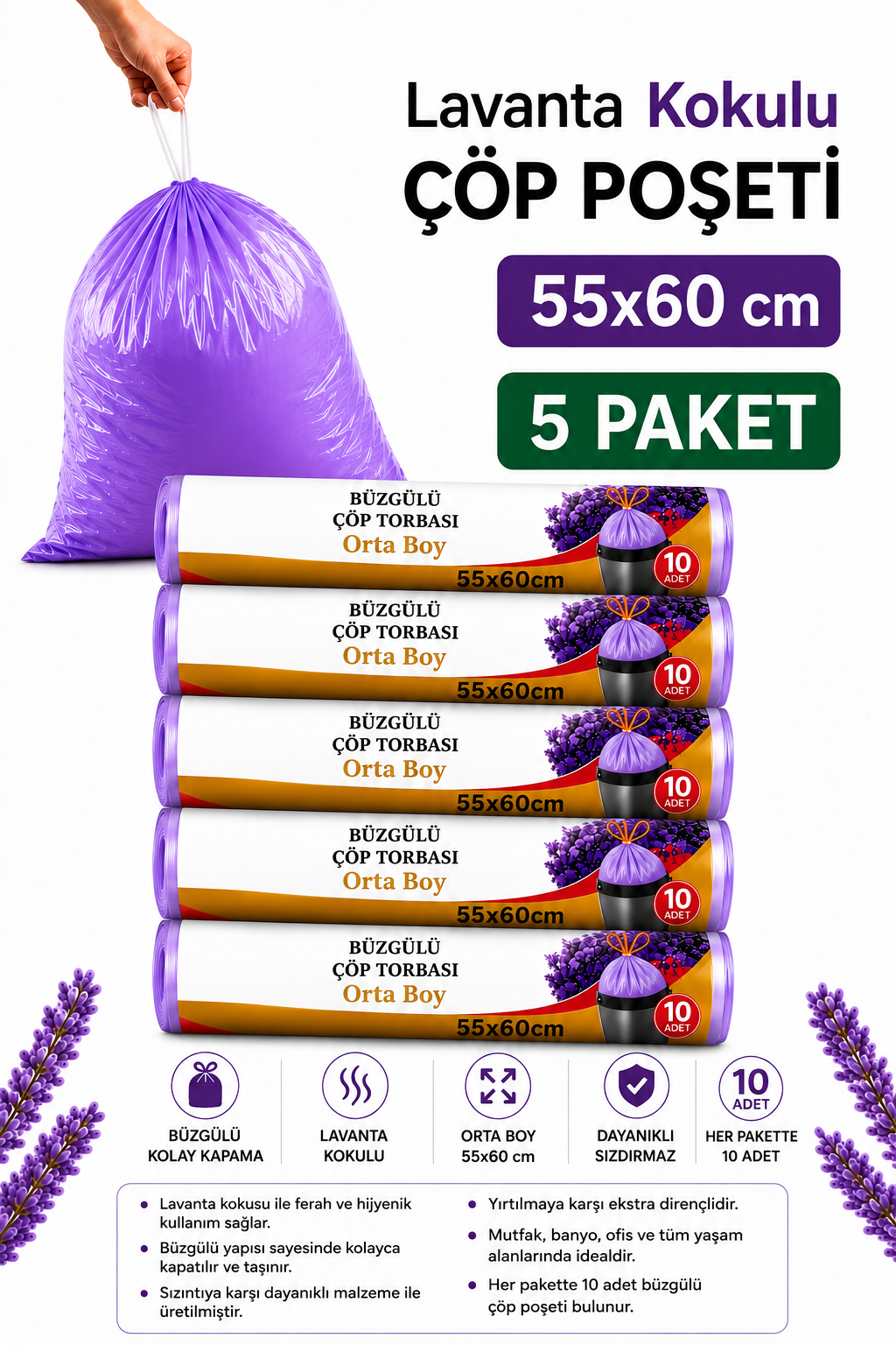 Orta Boy 55X60 Lavanta Kokulu Büzgülü Çöp Poşeti 50 Adet ( 5 PAKET ) Çöp Torbası 40 Litre