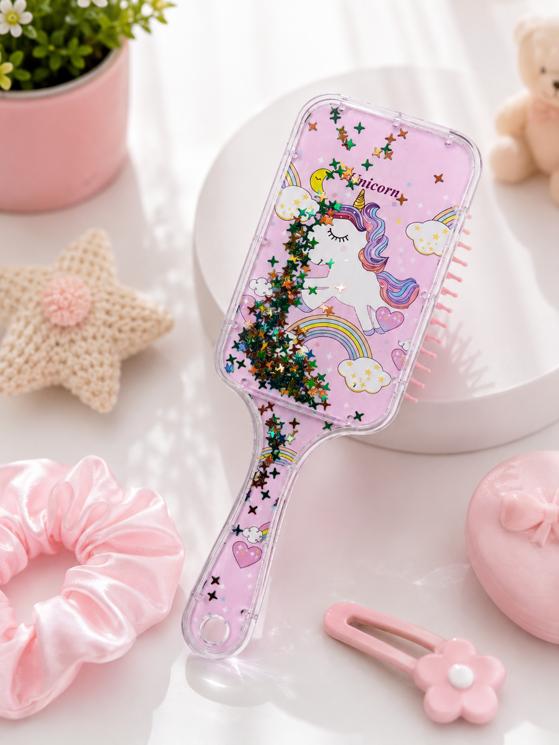 Unicorn Desenli Çocuk Saç Tarağı | Simli Yıldızlı Dolaşık Açıcı Saç Fırçası | Kız Çocuk Tarak