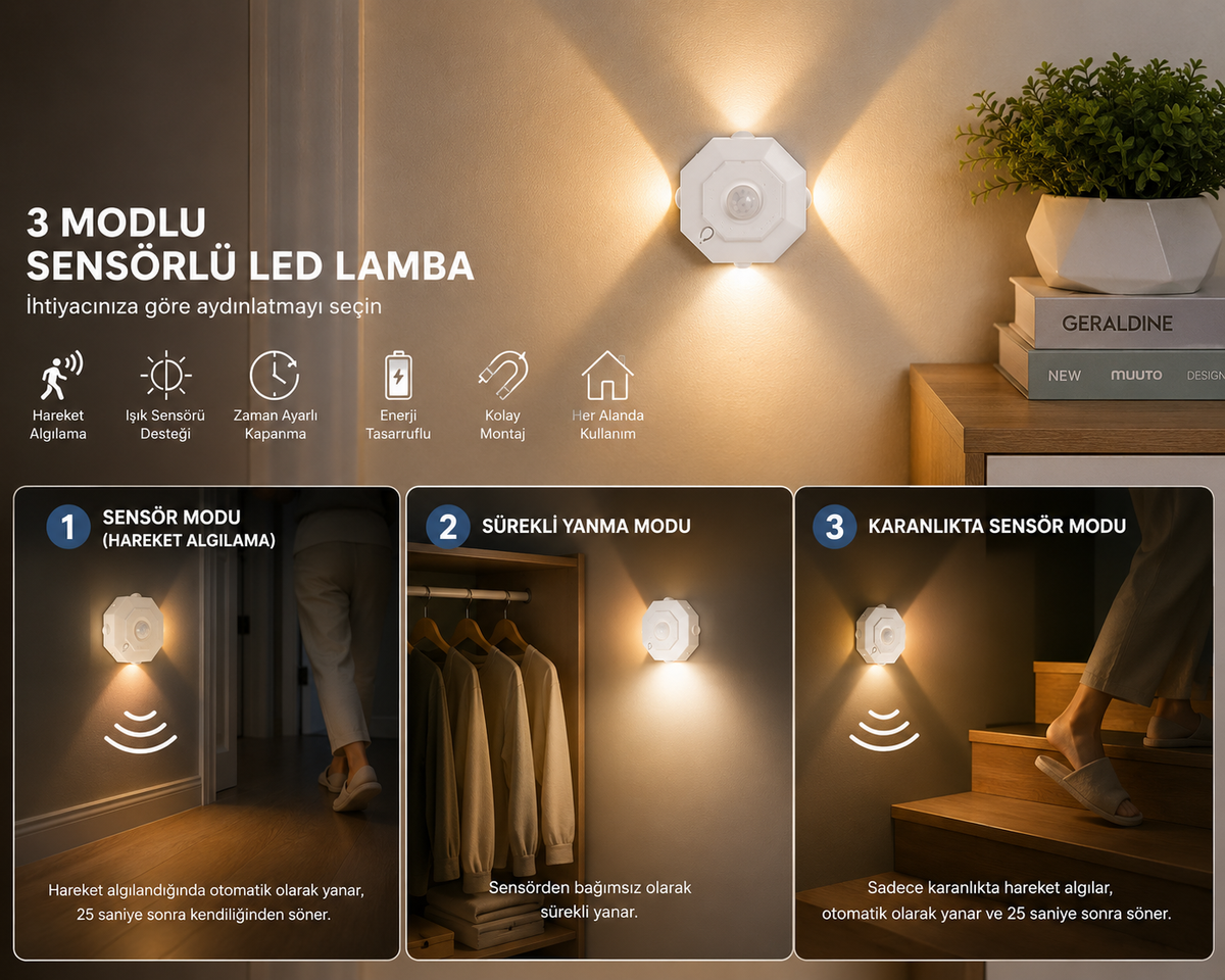 1 Adet Sekizgen şeklinde 3 Modlu Sensörlü LED Lamba USB Şarjlı Hareket Sensörlü Gece Lambası Kablosuz Dolap Koridor Merdiven Aydınlatma