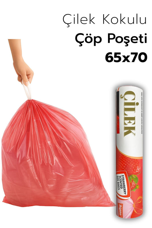 1 PAKET Büyük Boy 65X70 Çilek Kokulu Büzgülü Çöp Poşeti (10 Adet) Çöp Torbası 60 Litre