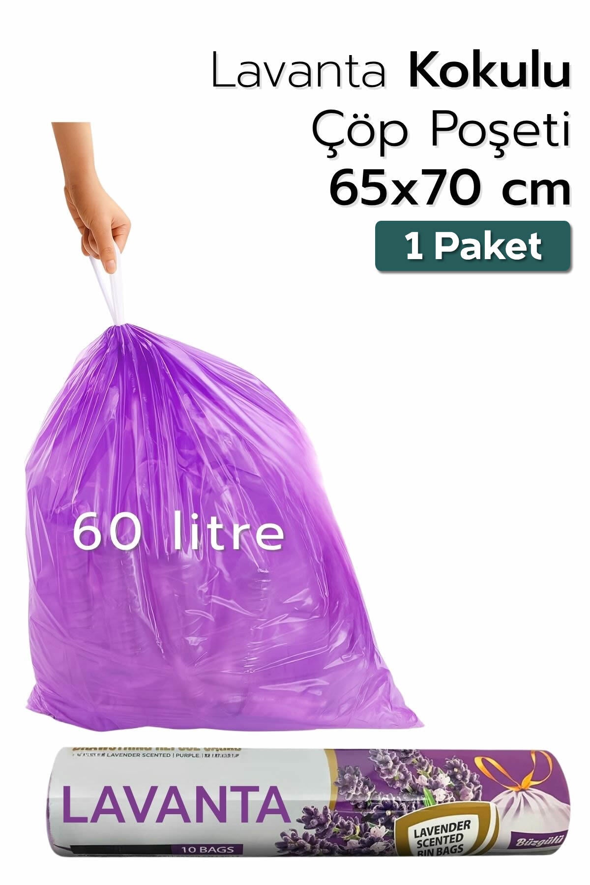 1 Paket Büyük Boy 65X70 Lavanta Kokulu Büzgülü Çöp Poşeti (10 Adet) Çöp Torbası 60 Litre