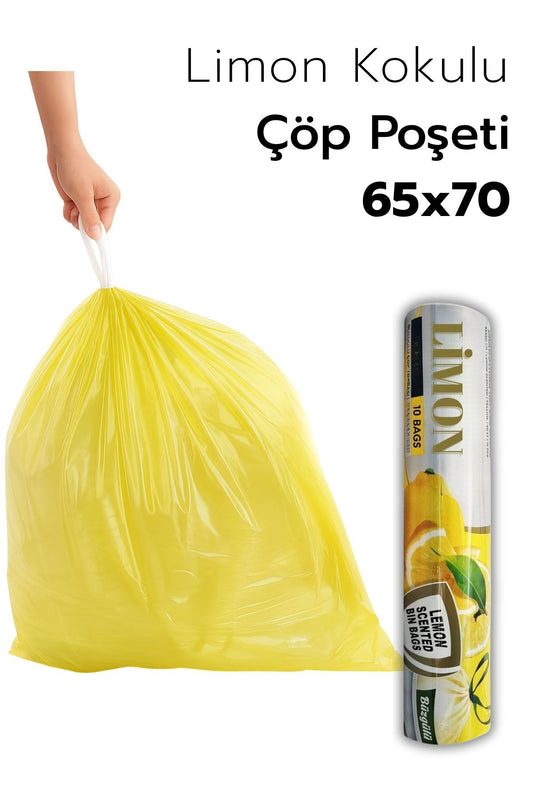 1 PAKET Büyük Boy 65x70 Limon Kokulu Büzgülü Çöp Poşeti (10 Adet) Çöp Torbası 60 Litre