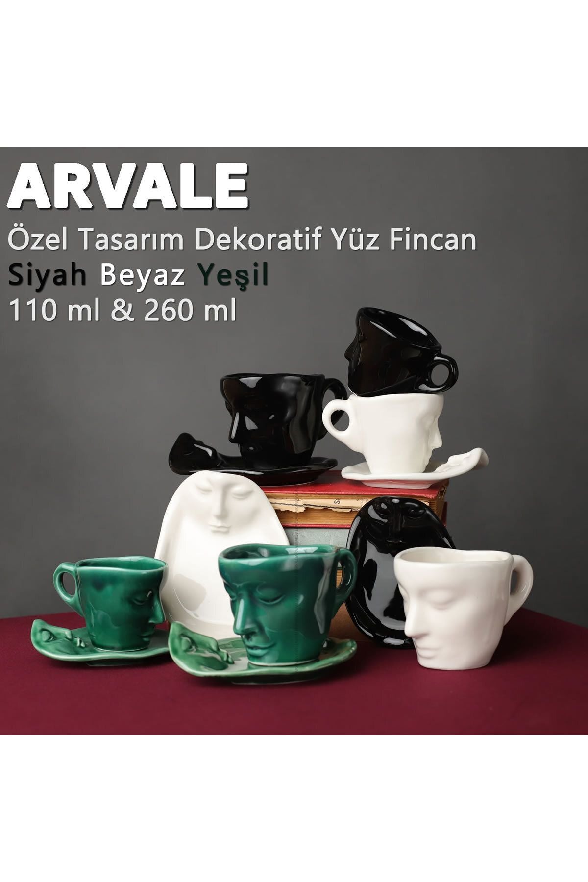 255 ml Iskandinav Yüz Şekilli Fincan Takımı Siyah Kupa Ve Tabak - Kupa Kahve Fincan Takımı