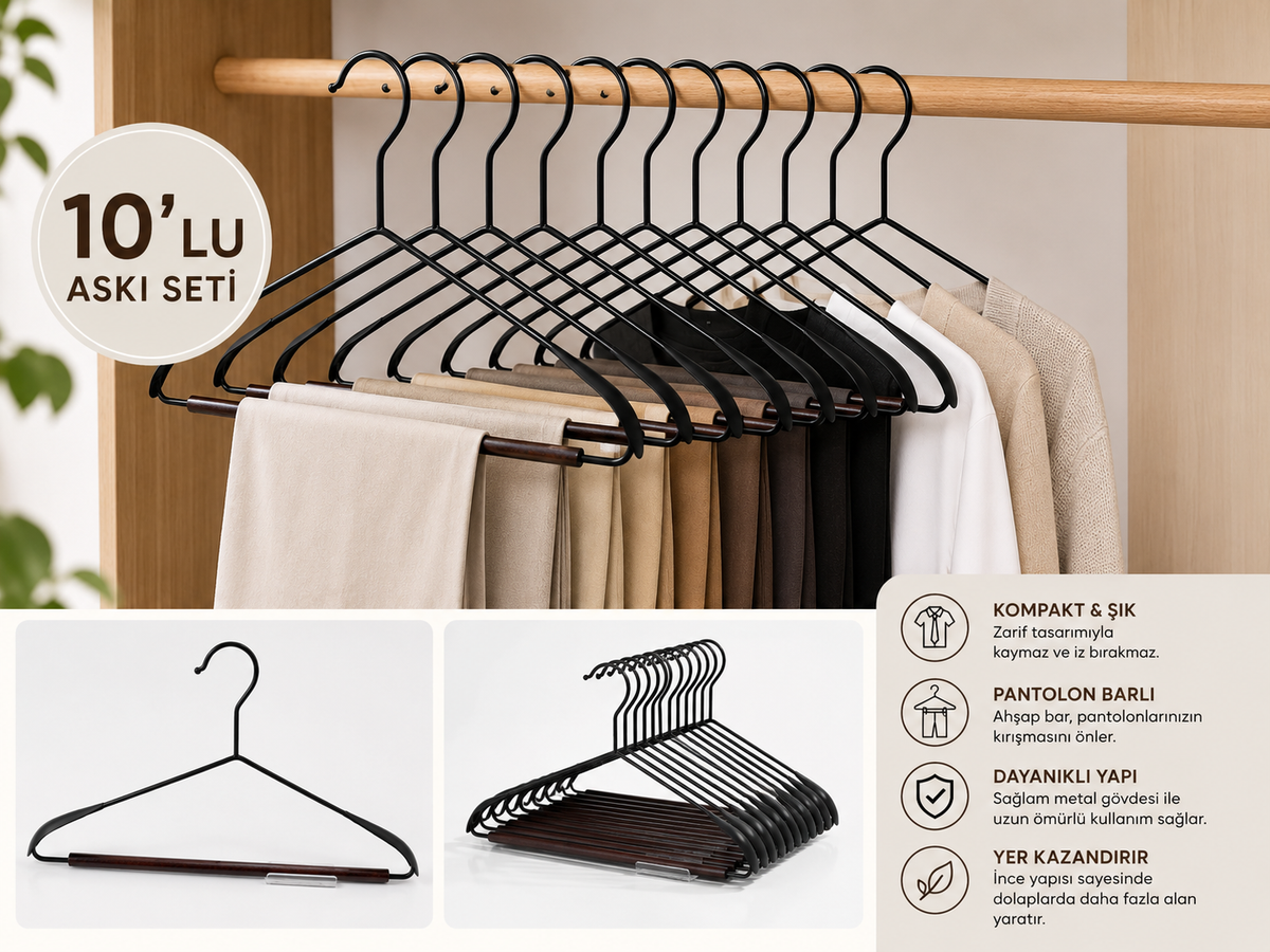 10'lu Siyah Metal Elbise Askısı Ahşap Pantolon Barlı Kaymaz İnce Dolap Askısı