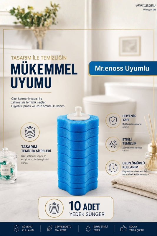 10'lu Paket Kullan At Klozet Fırçası Yedek Başlığı - Mr.enoss Uyumlu Temizlik Süngeri