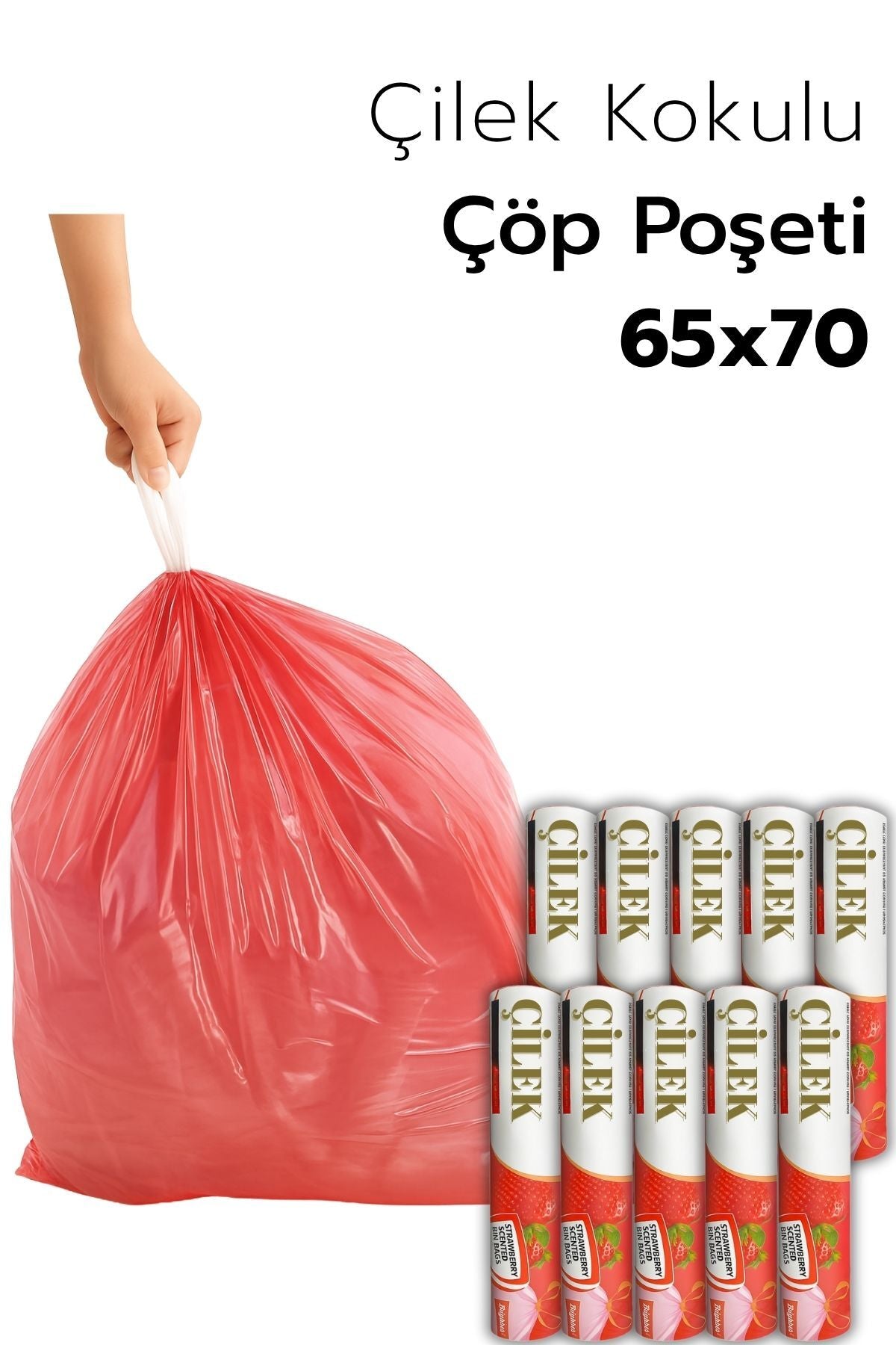 10 PAKET Büyük Boy 65X70 Çilek Kokulu Büzgülü Çöp Poşeti (100 Adet) Çöp Torbası 60 Litre