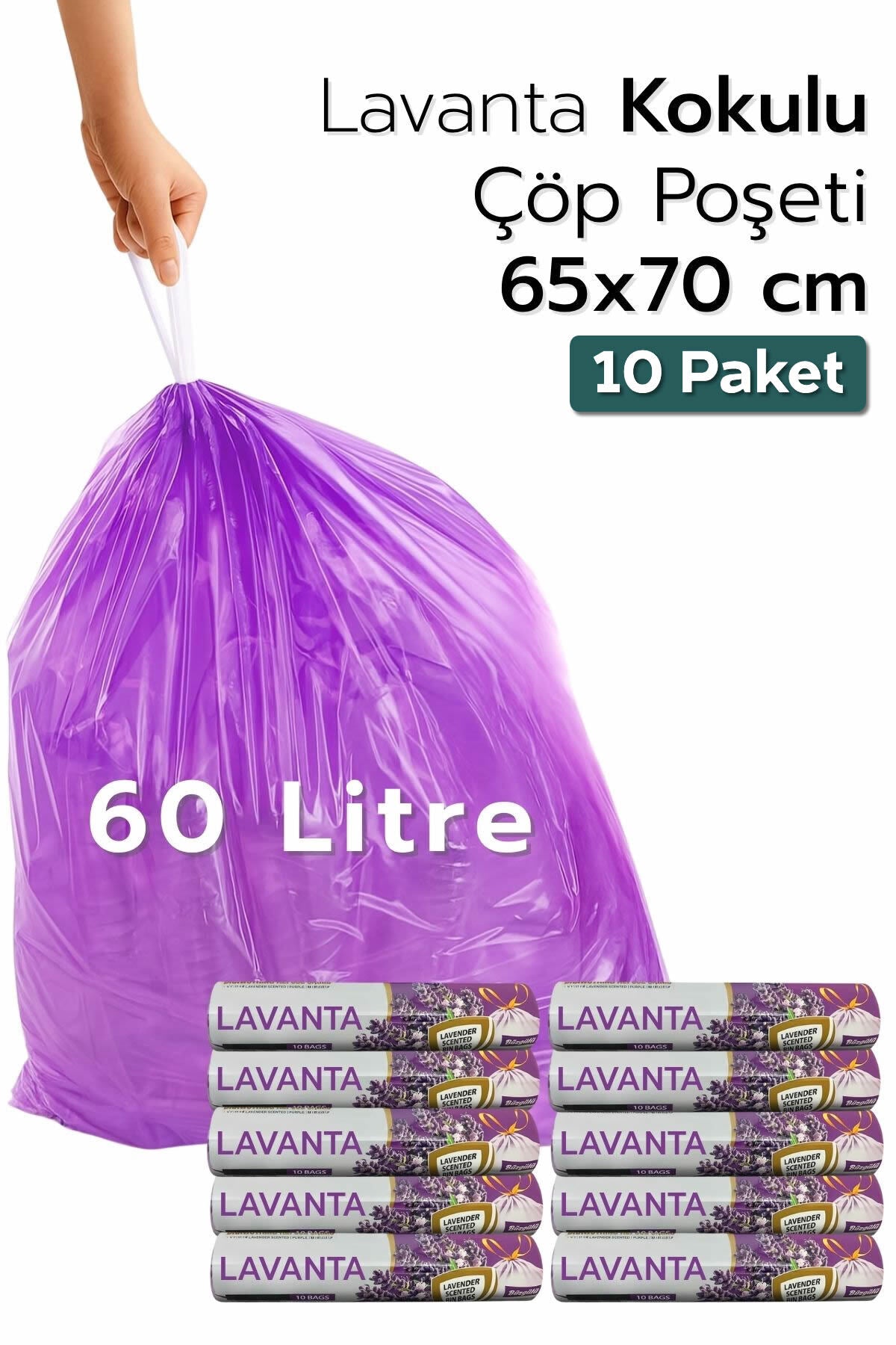 10 PAKET Büyük Boy 65X70 Lavanta Kokulu Büzgülü Çöp Poşeti (100 Adet) Çöp Torbası 60 Litre