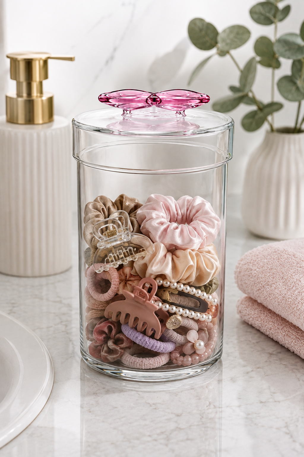 1100 ml Pembe Fiyonklu Cam Saklama Kavanozu – Kapaklı Şeffaf Cam Kavanoz – Çay, Kahve, Şeker ve Kuru Gıda Saklama Kabı