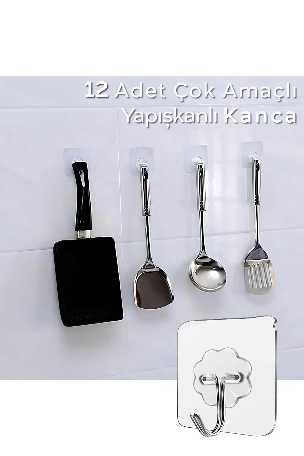 12 Adet Güçlü Şeffaf Duvar Askısı Askılığı Yapışkan Metal Kancalı Mutfak Banyo Askı