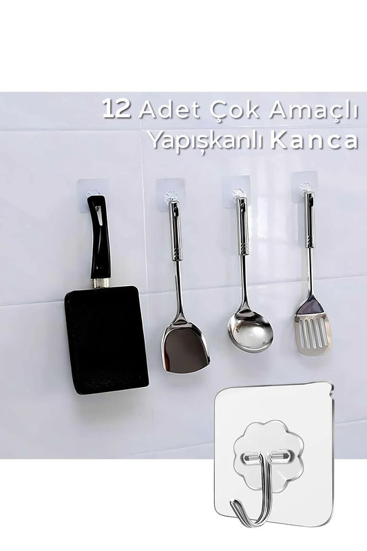 12 Adet Güçlü Şeffaf Duvar Askısı Askılığı Yapışkan Metal Kancalı Mutfak Banyo Askı