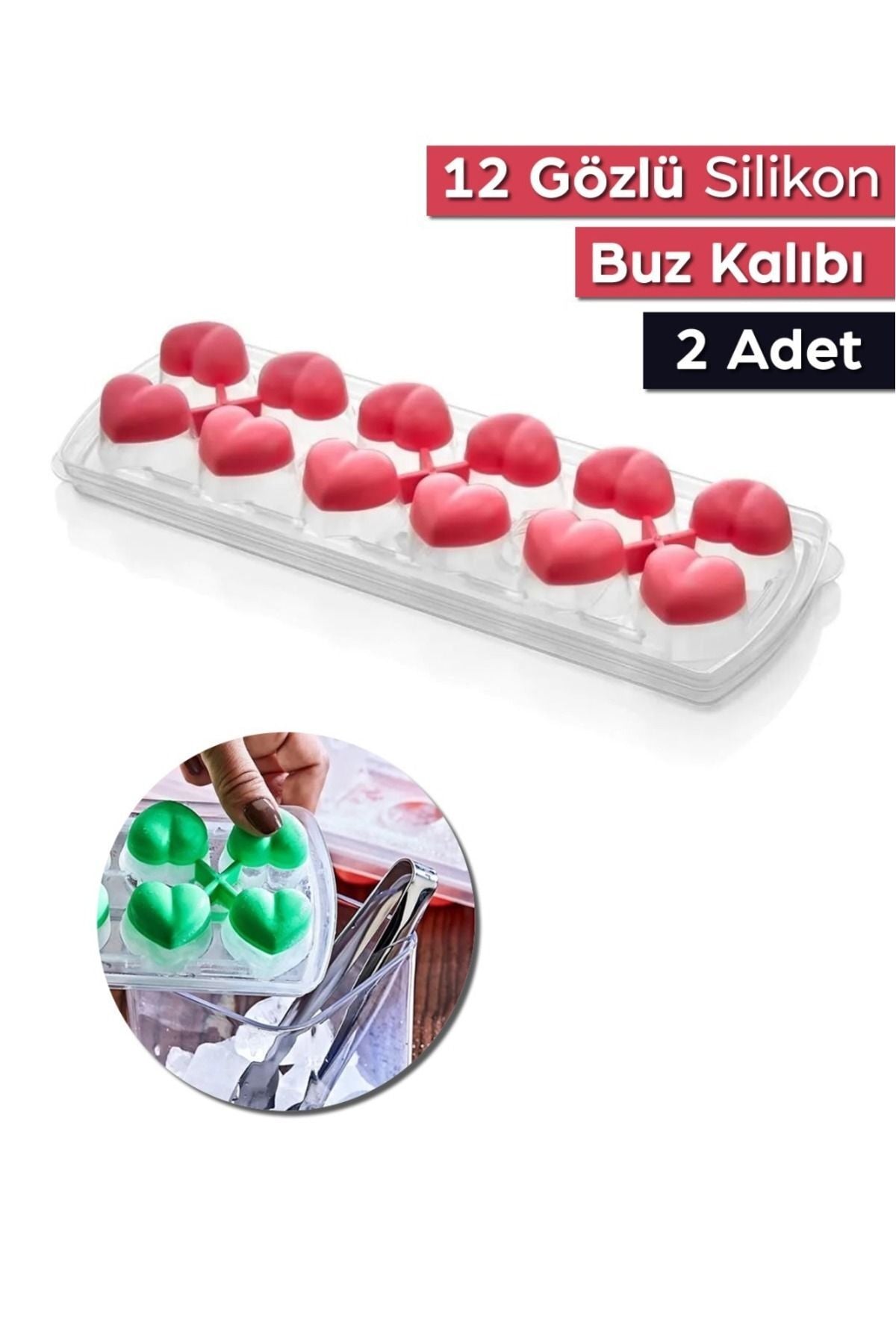 2 Adet 12 Gözlü Kalpli Silikon Kalpli Buzluk Kalıbı Kapaklı