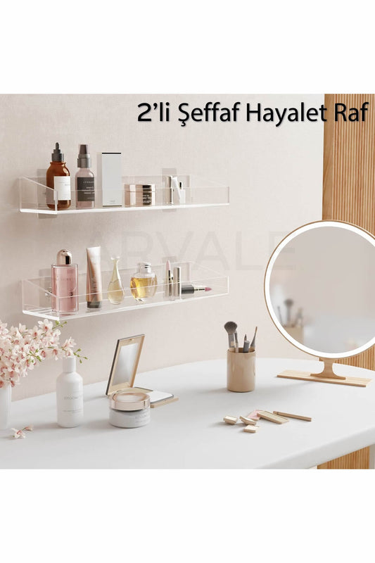 2 Adet Pleksi Hayalet Raf | Banyo Mutfak Düzenleyici Kendinden Yapışkanlı Vidalı Raf - 40 Cm