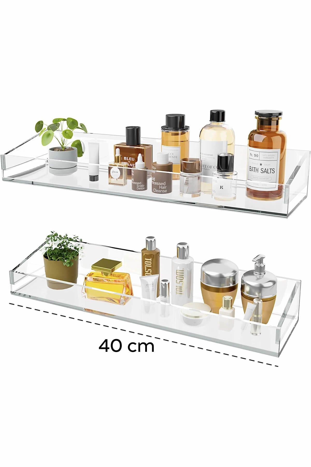 2 Adet Pleksi Hayalet Raf | Banyo Mutfak Düzenleyici Kendinden Yapışkanlı Vidalı Raf - 40 Cm