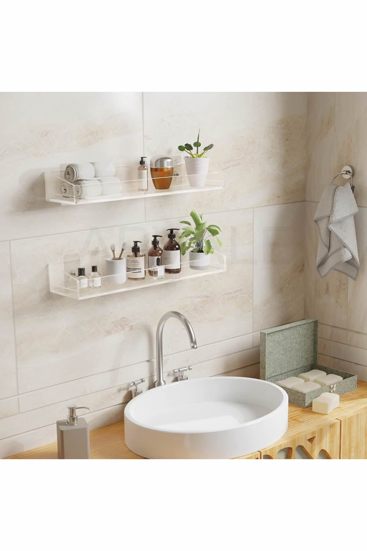 2 Adet Pleksi Hayalet Raf | Banyo Mutfak Düzenleyici Kendinden Yapışkanlı Vidalı Raf - 40 Cm