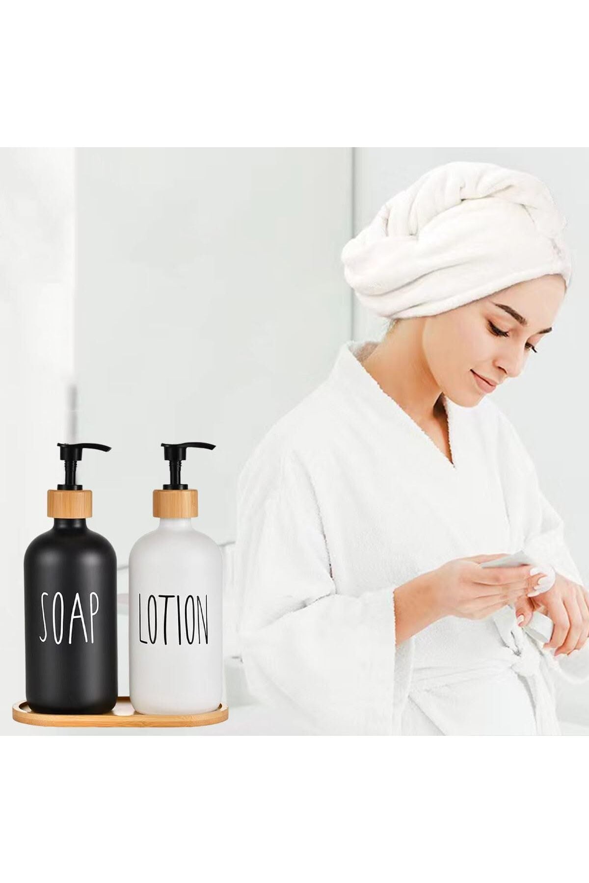 2 Lİ Bambu Stantlı Cam Sıvı Sabunluk Losyon Kutusu Kişisel Kozmetik Bakım