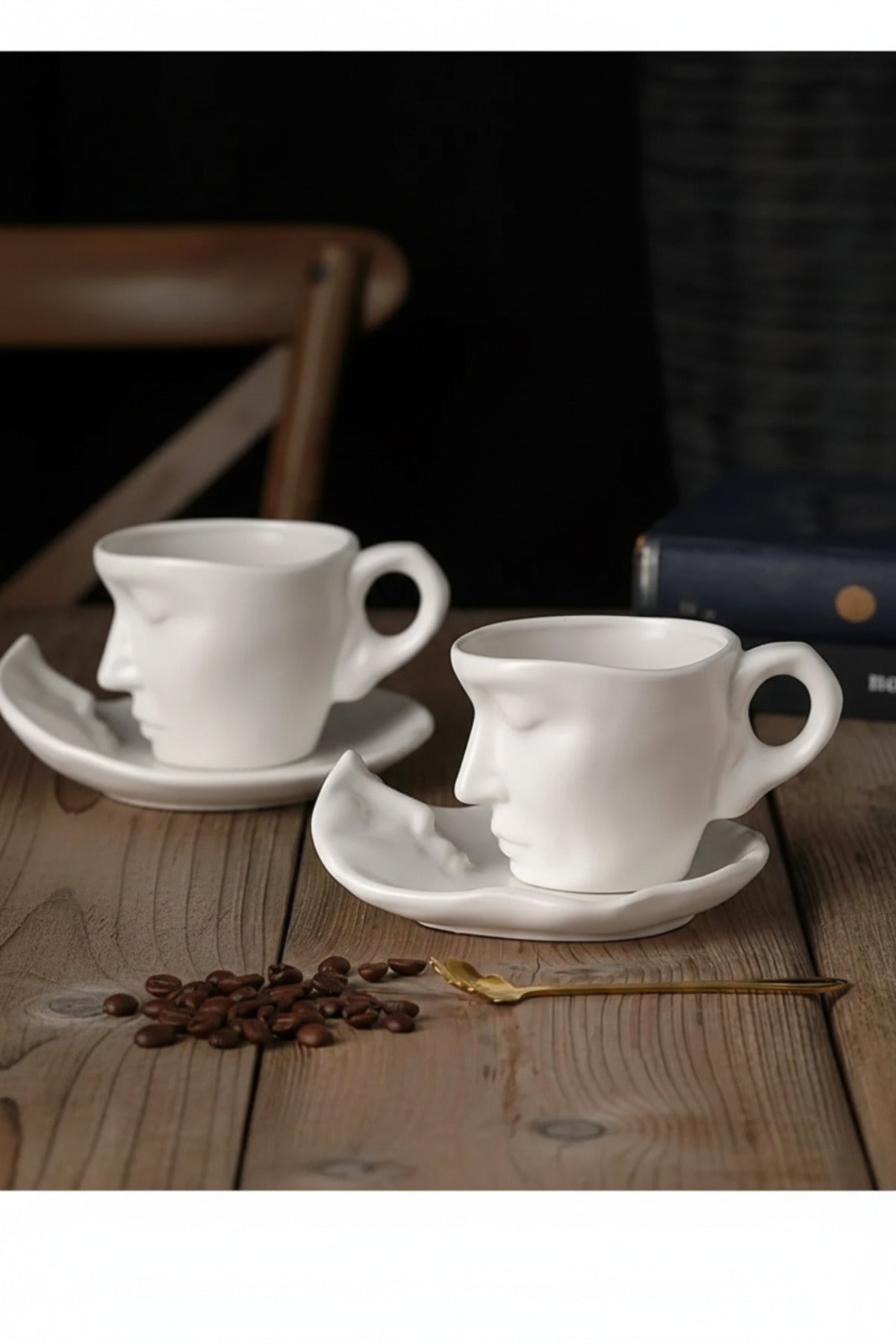 2 Set (4 Parça) 260 ml İskandinav Yüz Şekilli Fincan Takımı Beyaz - Kupa Kahve Fincan Takımı