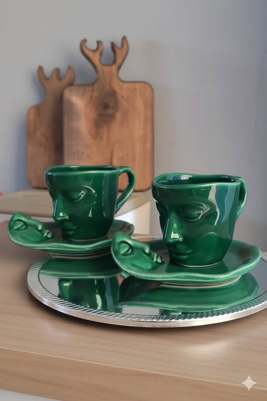 2 Set (4 Parça) 260 ml İskandinav Yüz Şekilli Fincan Takımı Yeşil- Kupa Kahve Fincan Takımı