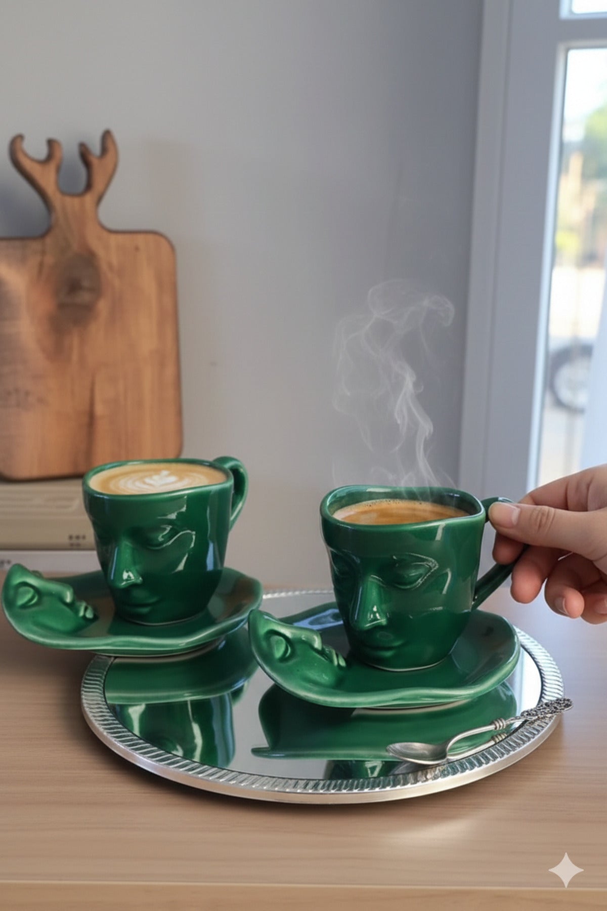 2 Set (4 Parça) 260 ml İskandinav Yüz Şekilli Fincan Takımı Yeşil- Kupa Kahve Fincan Takımı
