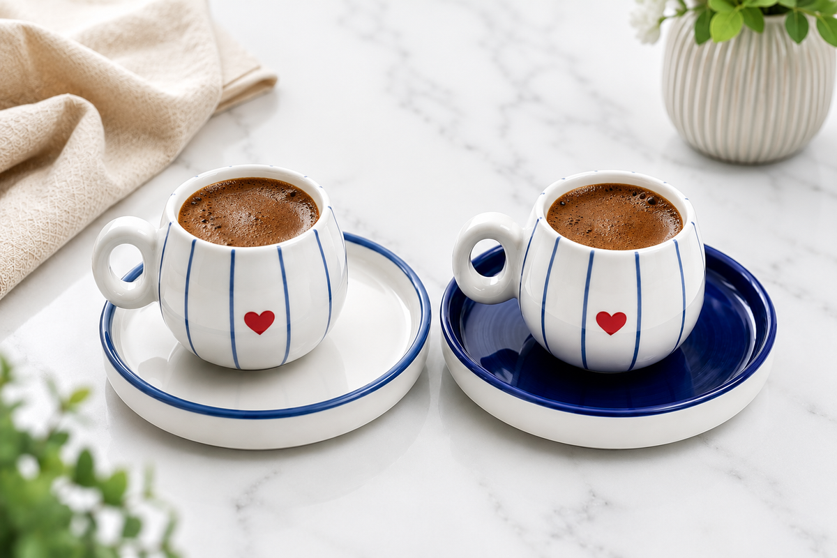 2 Kişilik Seramik 90 ml Türk Kahvesi Fincan Takımı Kalpli
