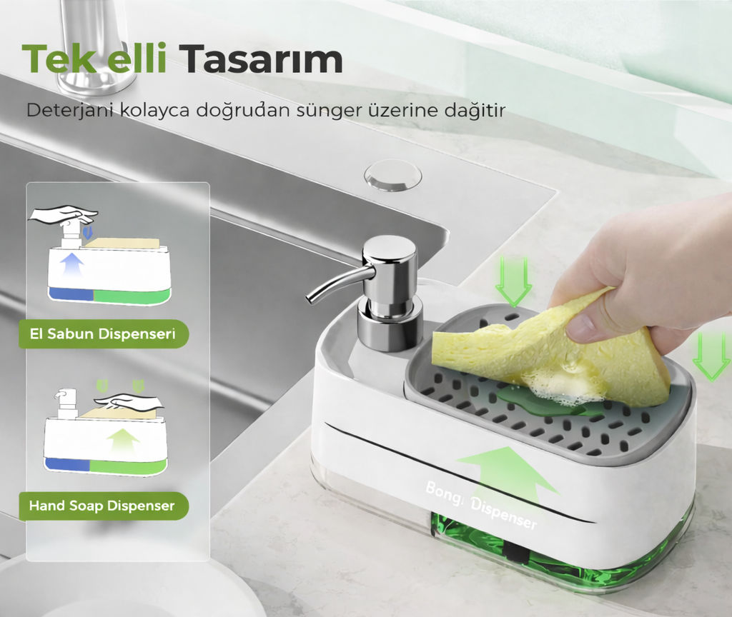 2 si 1 Arada Sabunluk Ve Otomatik Bulaşık Sünger Detarjanlığı Basmalı Detarjanlık