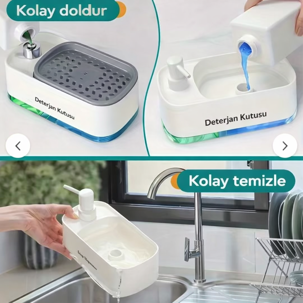 2 si 1 Arada Sabunluk Ve Otomatik Bulaşık Sünger Detarjanlığı Basmalı Detarjanlık