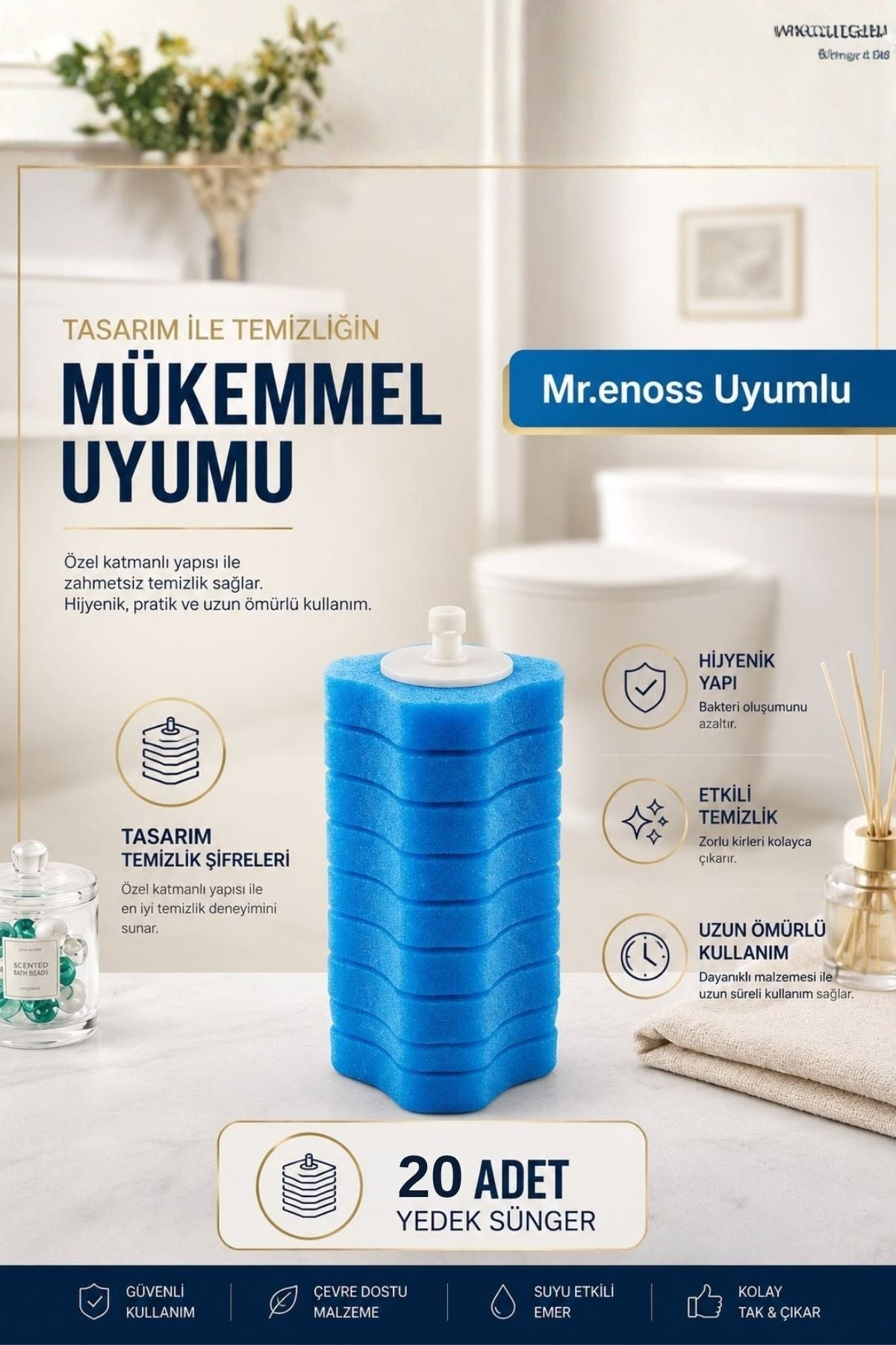 20'li Paket Kullan At Klozet Fırçası Yedek Başlığı - Mr.enoss Uyumlu Temizlik Süngeri