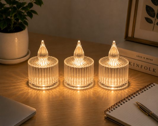 3 Adet Çizgili Şeffaf LED Mum Işığı – Kristal Tasarımlı Gece Lambası