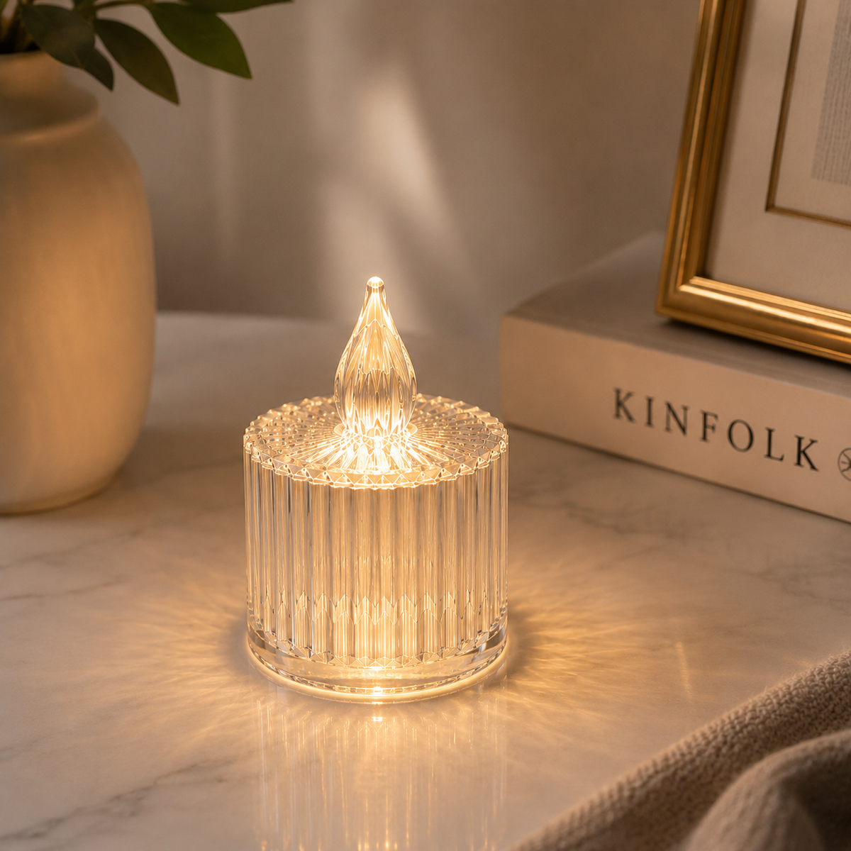 3 Adet Çizgili Şeffaf LED Mum Işığı – Kristal Tasarımlı Gece Lambası