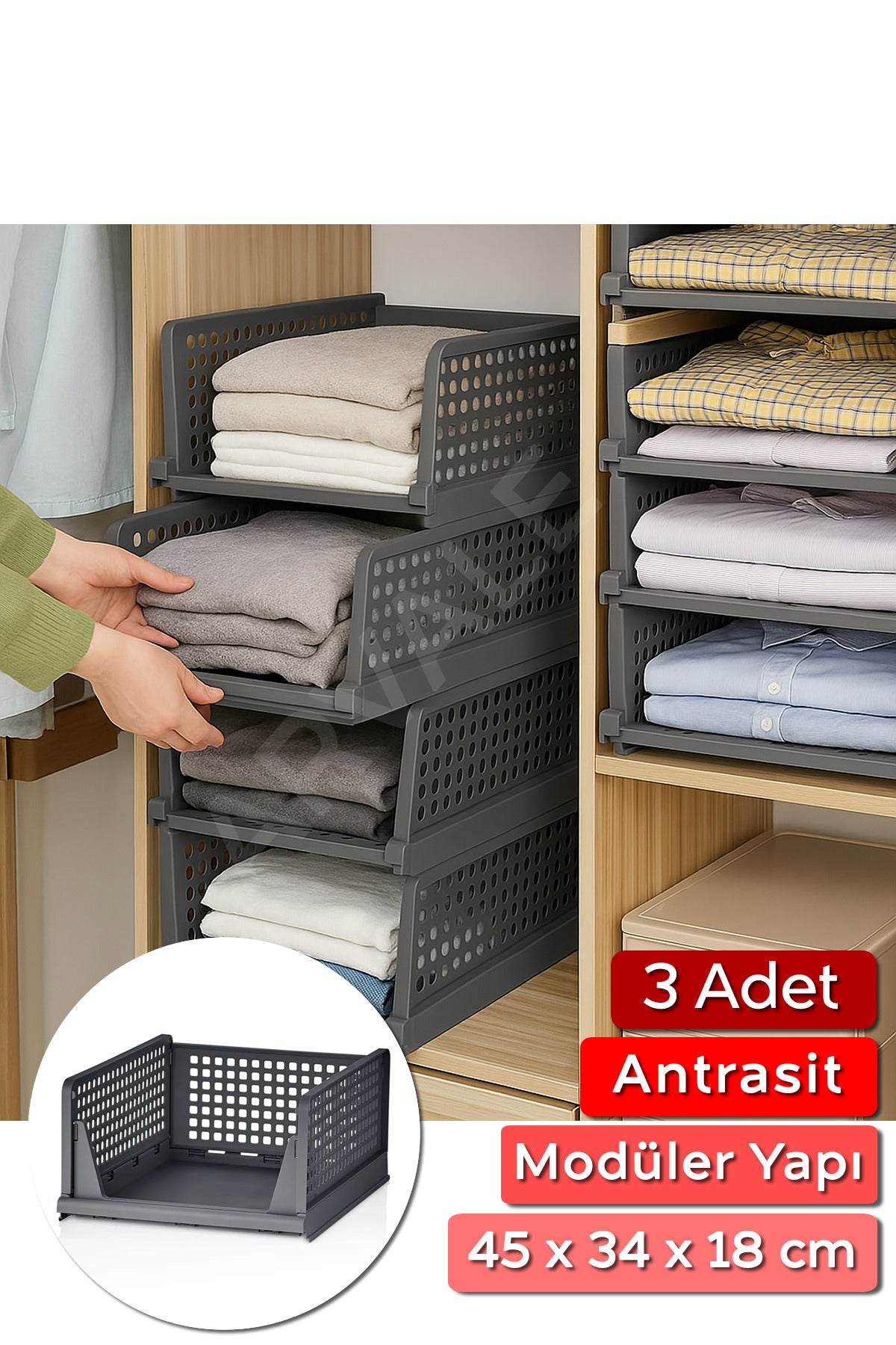 3 Adet Gri Raylı Elbise Organizeri - Mutfak Banyo Düzenleme Depolama Üst Üste Dizilebilir