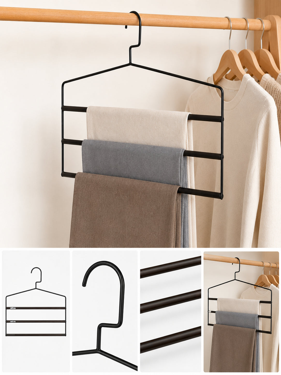 3 Katlı 3 Adet Metal Pantolon Askısı – Dolap İçi Yer Tasarruflu Düzenleyici