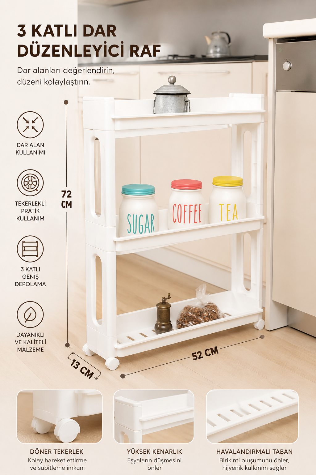 3 Katlı Tekerlekli Çok Amaçlı Mutfak Banyo Organizeri